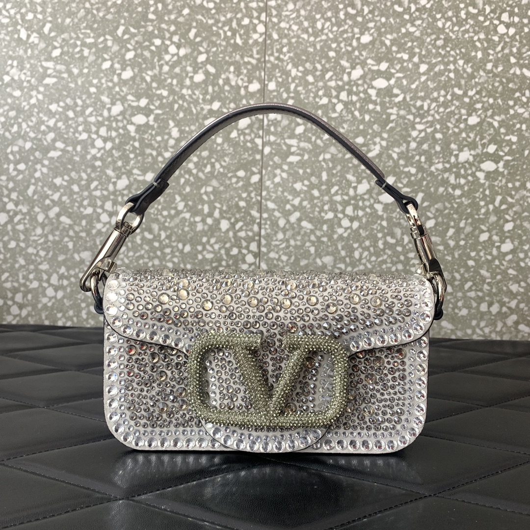 Valentino Garavani Loco Small Shoulder Bag with Grey Rhinestone Applique